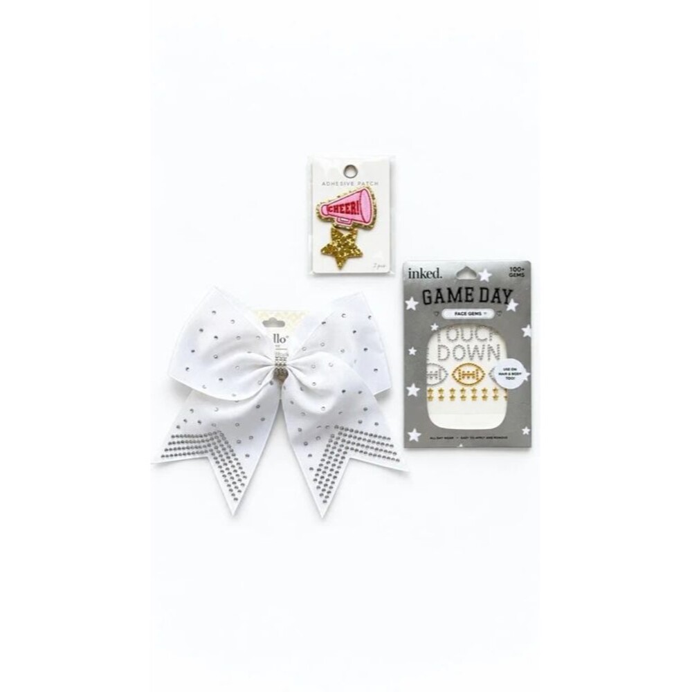 Game Day Cheer Bundle White Rhinestone Bow Face Gems Adhesive Patches